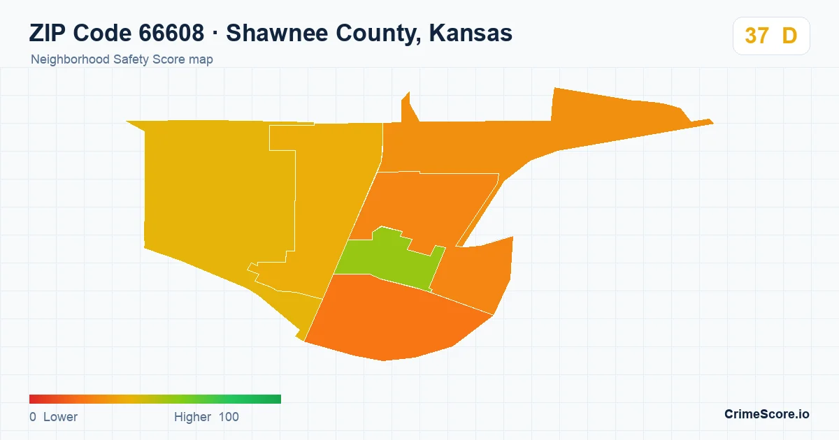 ZIP Code 66608 in Shawnee County, Kansas neighborhood Safety Score map