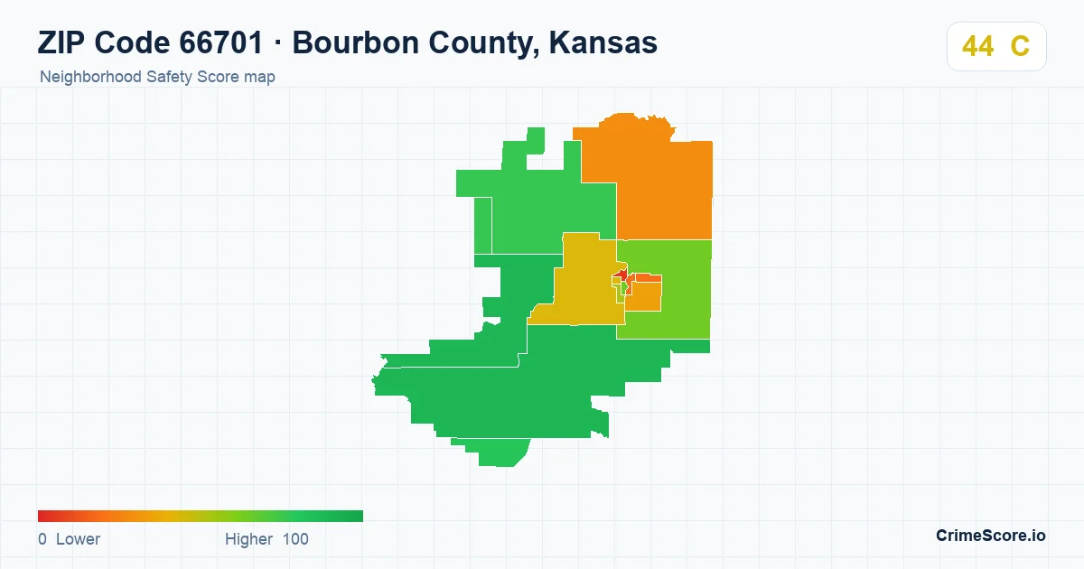 ZIP Code 66701 in Bourbon County, Kansas neighborhood Safety Score map