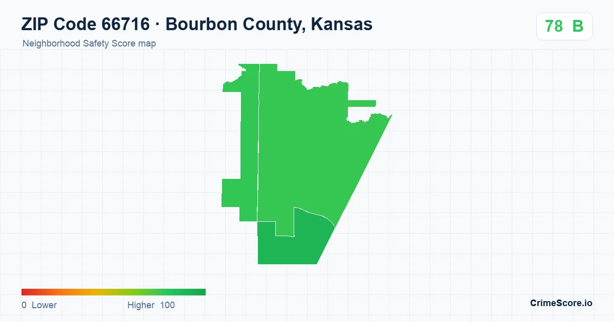 ZIP Code 66716 in Bourbon County, Kansas neighborhood Safety Score map