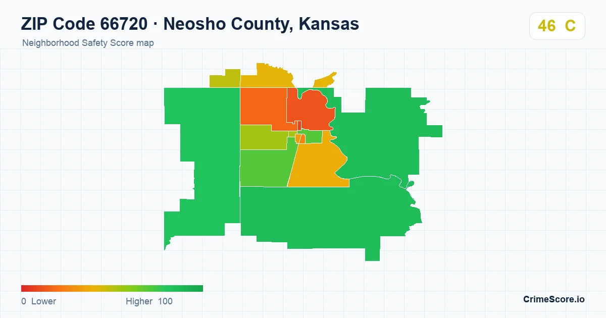 ZIP Code 66720 in Neosho County, Kansas neighborhood Safety Score map
