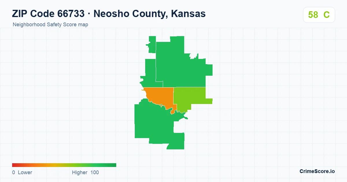 ZIP Code 66733 in Neosho County, Kansas neighborhood Safety Score map