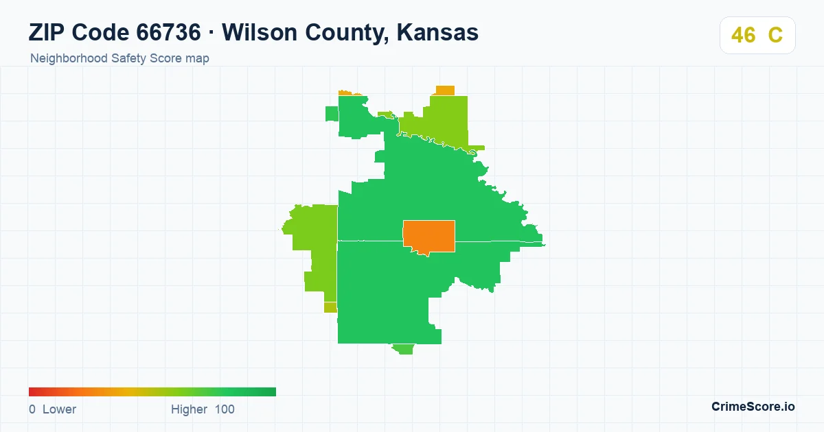 ZIP Code 66736 in Wilson County, Kansas neighborhood Safety Score map