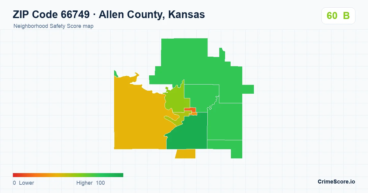 ZIP Code 66749 in Allen County, Kansas neighborhood Safety Score map