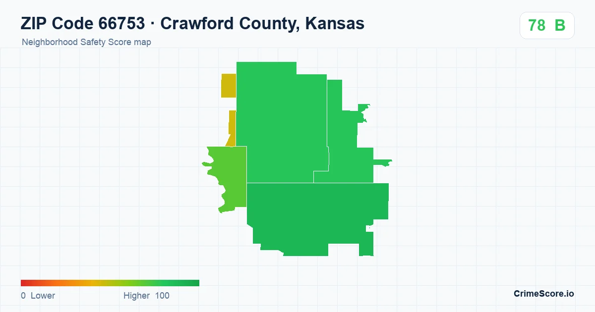ZIP Code 66753 in Crawford County, Kansas neighborhood Safety Score map