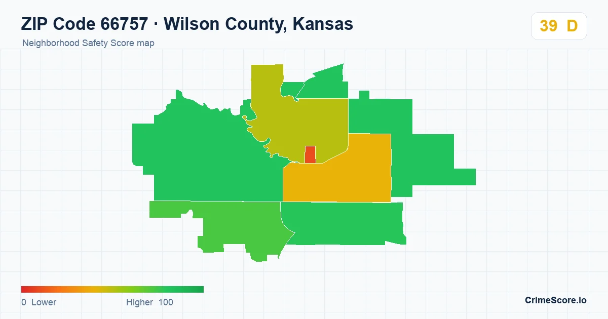 ZIP Code 66757 in Wilson County, Kansas neighborhood Safety Score map