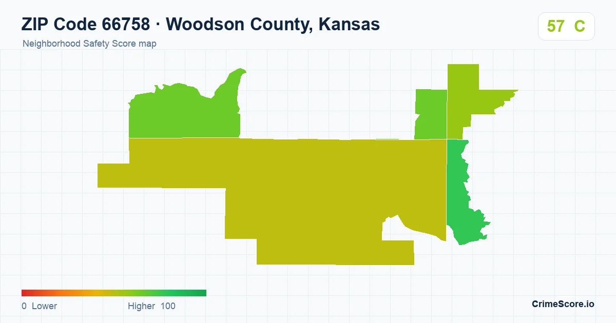 ZIP Code 66758 in Woodson County, Kansas neighborhood Safety Score map