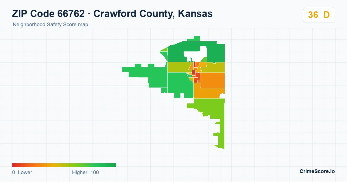 ZIP Code 66762 in Crawford County, Kansas neighborhood Safety Score map