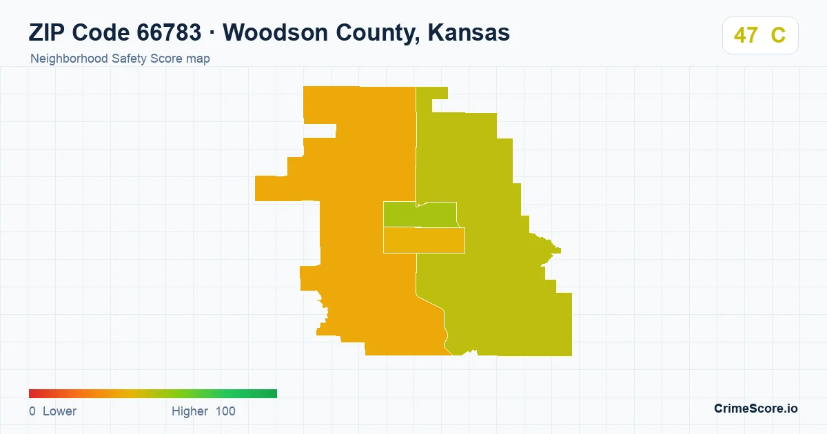 ZIP Code 66783 in Woodson County, Kansas neighborhood Safety Score map