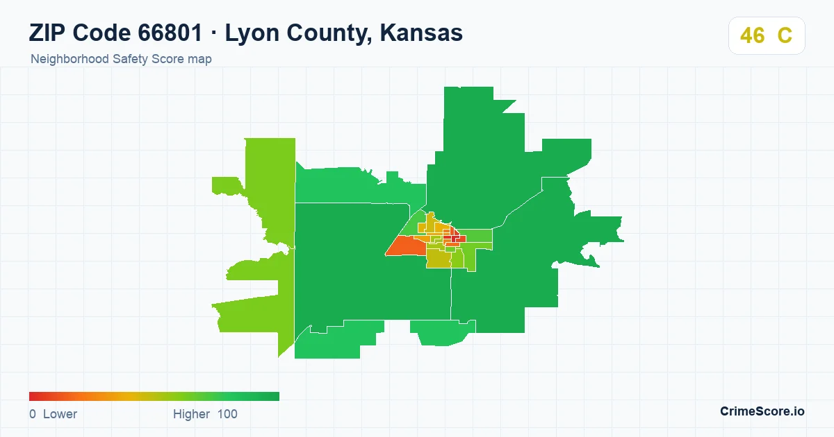 ZIP Code 66801 in Lyon County, Kansas neighborhood Safety Score map