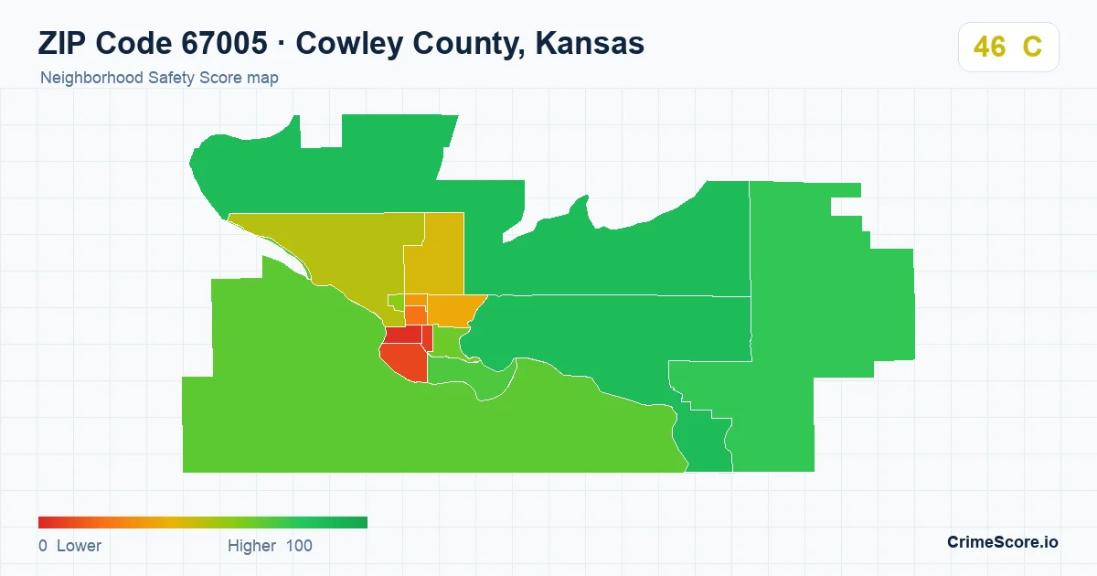 ZIP Code 67005 in Cowley County, Kansas neighborhood Safety Score map