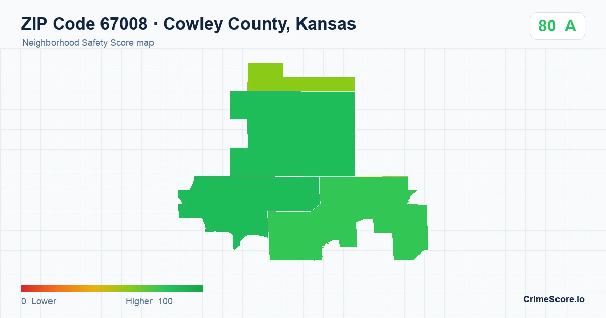 ZIP Code 67008 in Cowley County, Kansas neighborhood Safety Score map