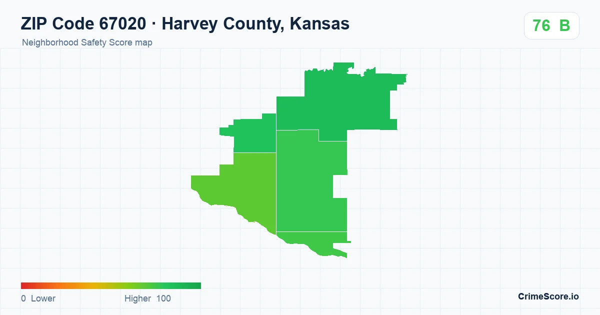 ZIP Code 67020 in Harvey County, Kansas neighborhood Safety Score map