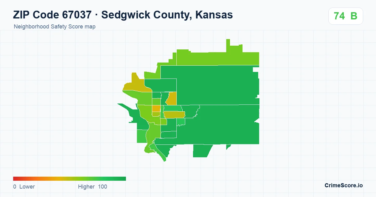 ZIP Code 67037 in Sedgwick County, Kansas neighborhood Safety Score map