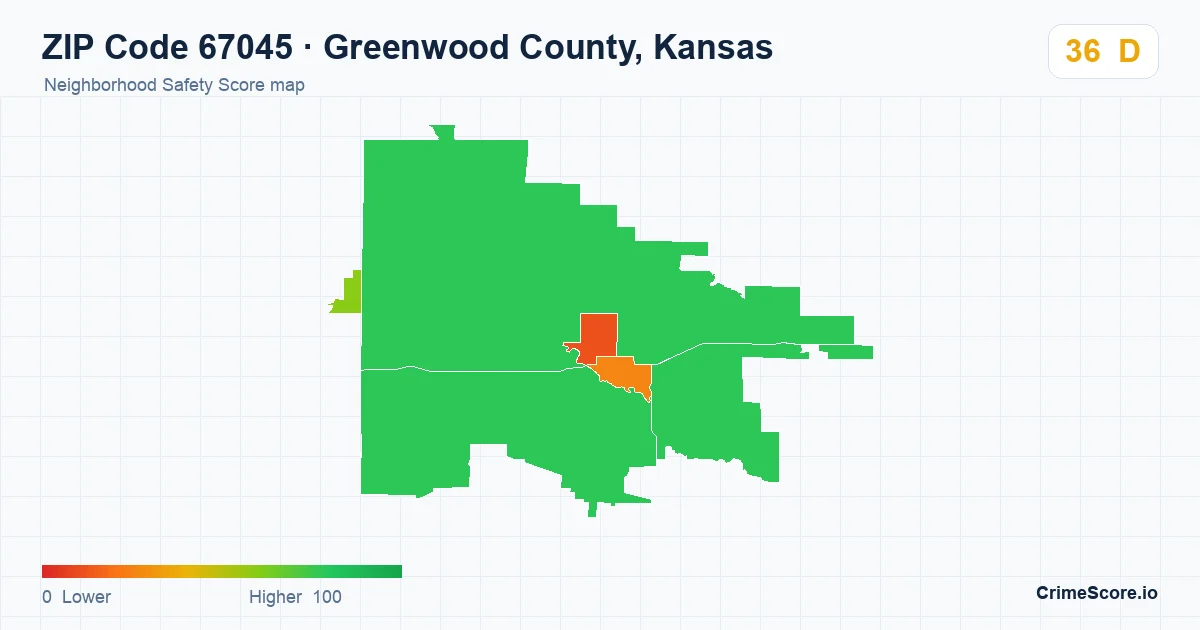 ZIP Code 67045 in Greenwood County, Kansas neighborhood Safety Score map