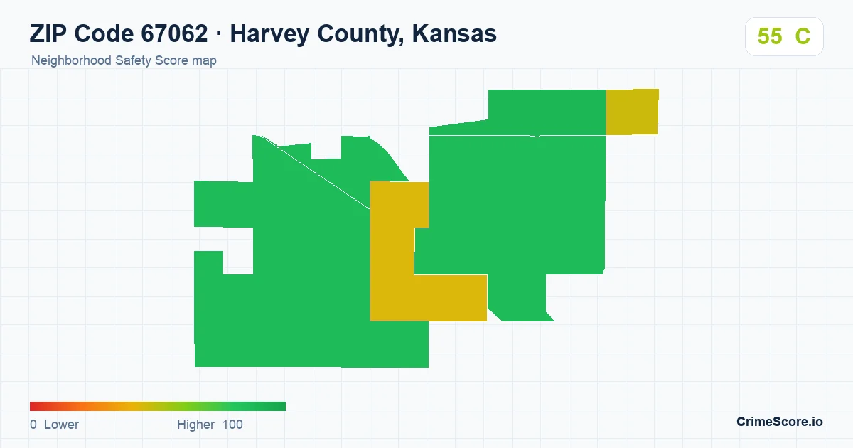 ZIP Code 67062 in Harvey County, Kansas neighborhood Safety Score map