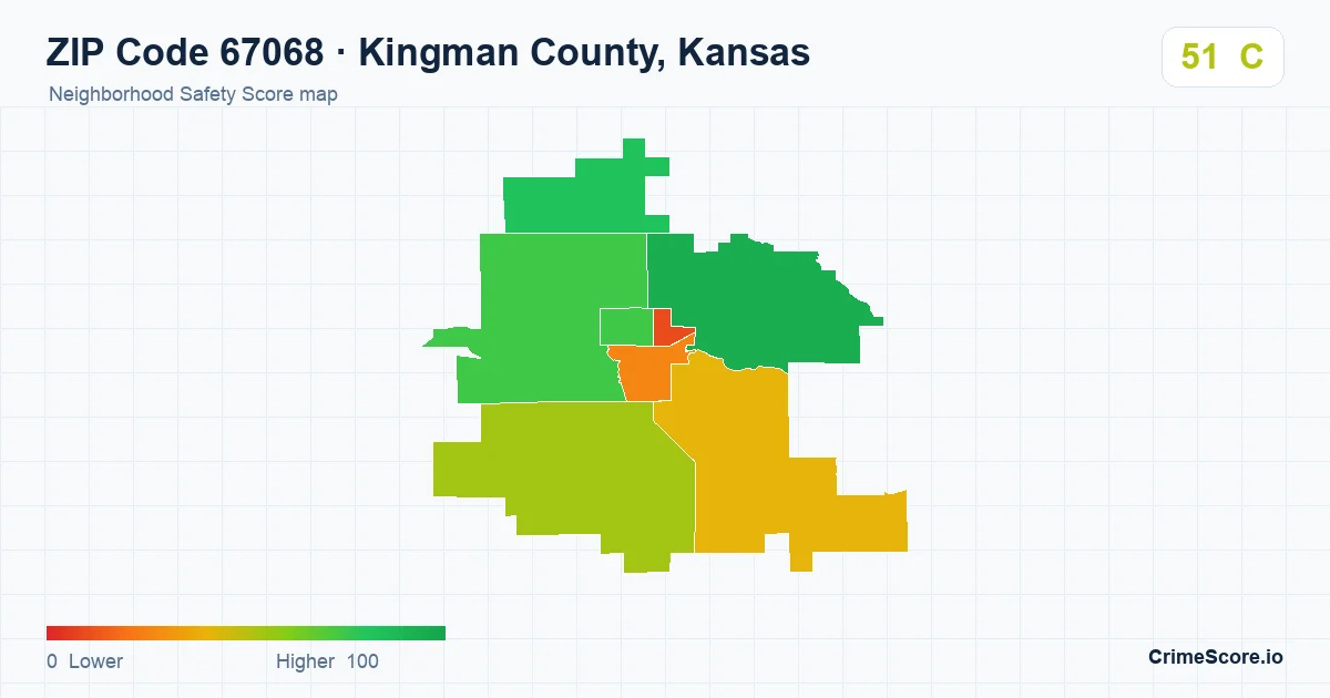 ZIP Code 67068 in Kingman County, Kansas neighborhood Safety Score map