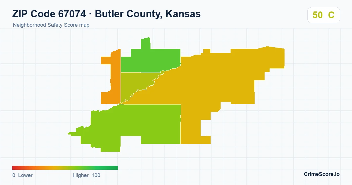 ZIP Code 67074 in Butler County, Kansas neighborhood Safety Score map