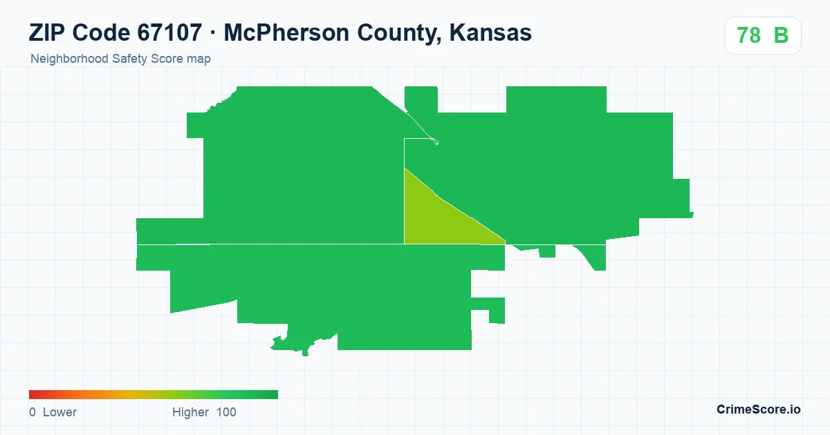 ZIP Code 67107 in McPherson County, Kansas neighborhood Safety Score map