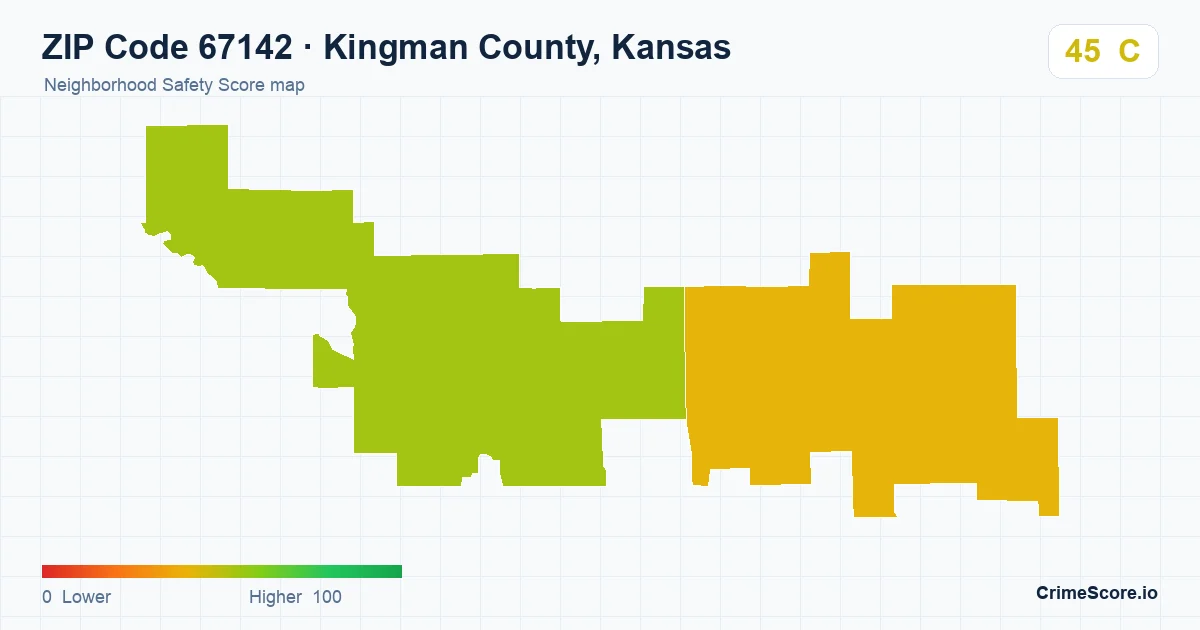ZIP Code 67142 in Kingman County, Kansas neighborhood Safety Score map