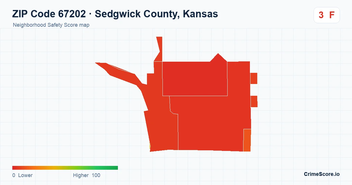 ZIP Code 67202 in Sedgwick County, Kansas neighborhood Safety Score map