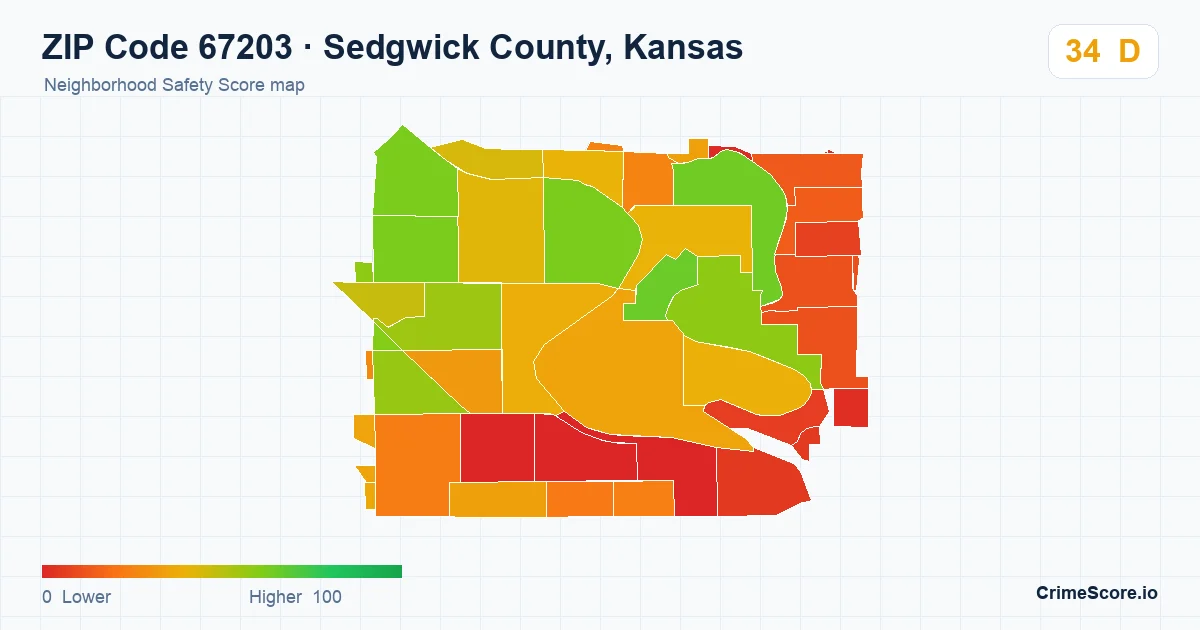 ZIP Code 67203 in Sedgwick County, Kansas neighborhood Safety Score map