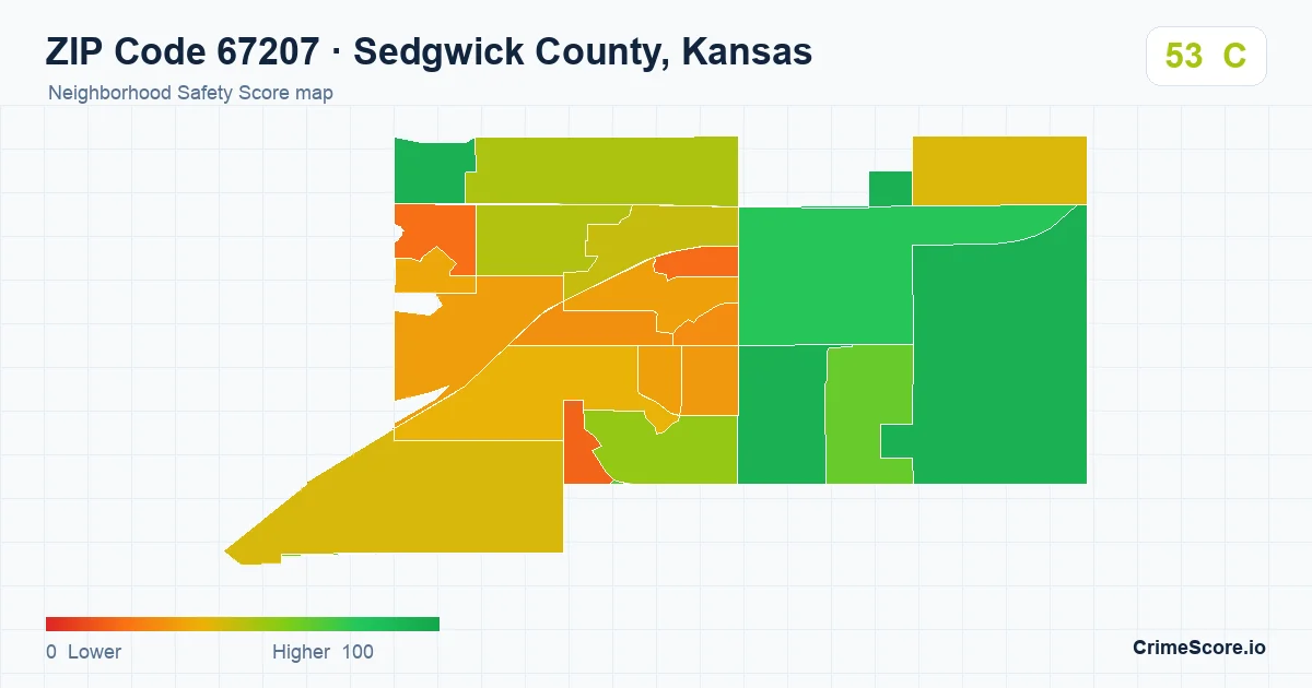 ZIP Code 67207 in Sedgwick County, Kansas neighborhood Safety Score map