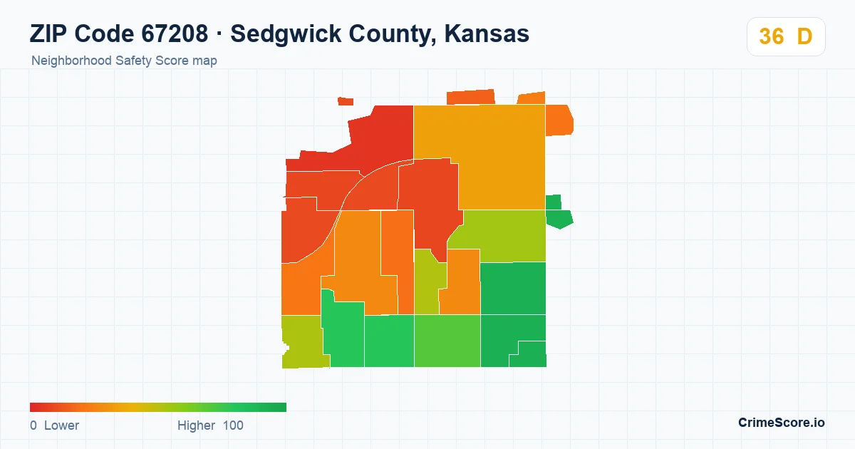 ZIP Code 67208 in Sedgwick County, Kansas neighborhood Safety Score map