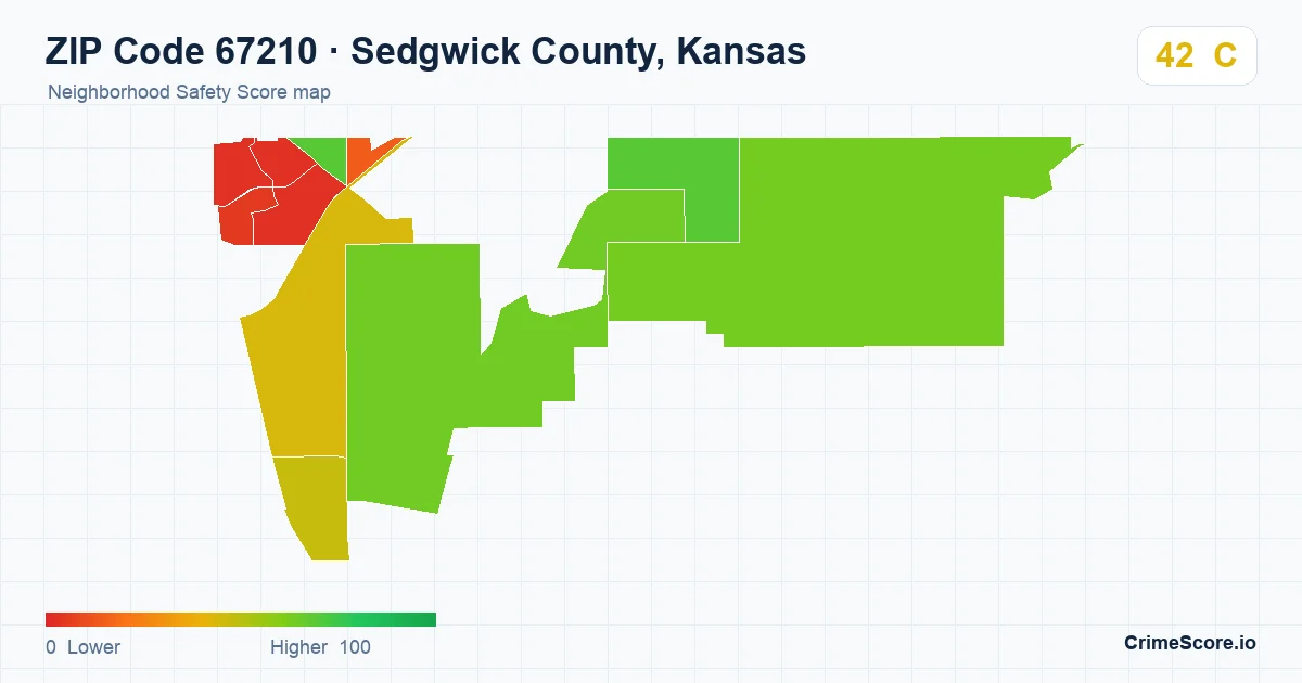 ZIP Code 67210 in Sedgwick County, Kansas neighborhood Safety Score map