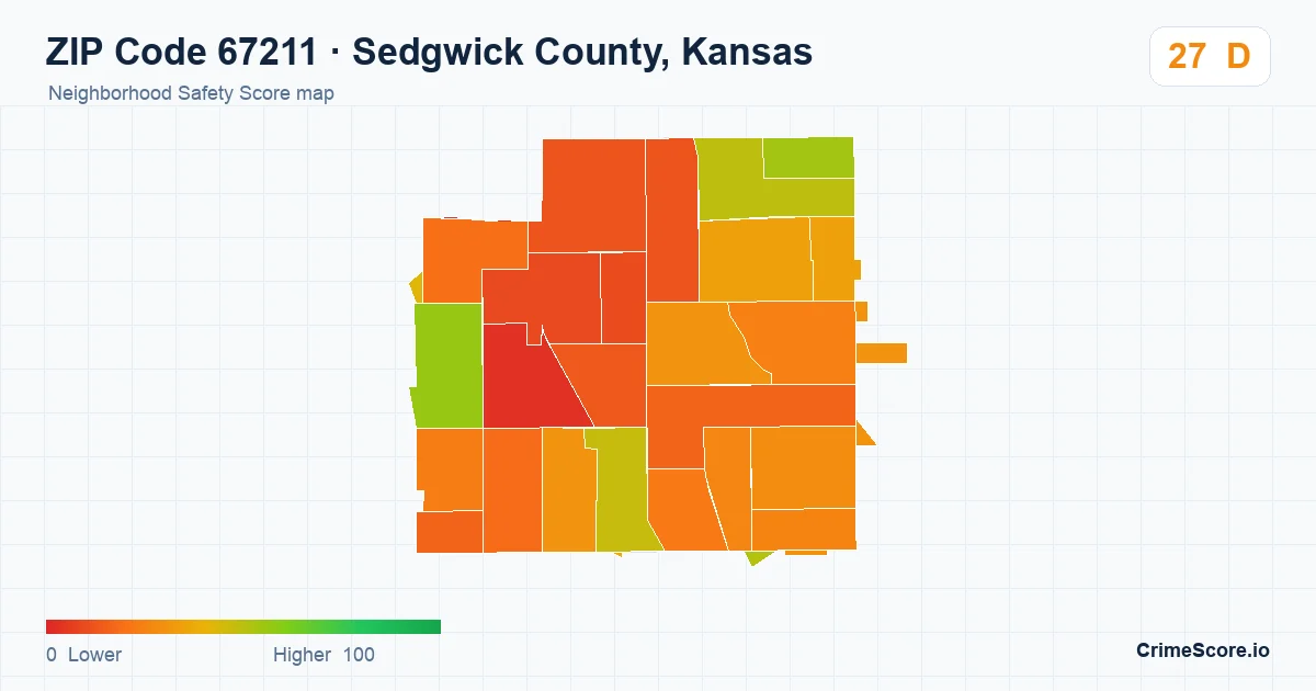 ZIP Code 67211 in Sedgwick County, Kansas neighborhood Safety Score map