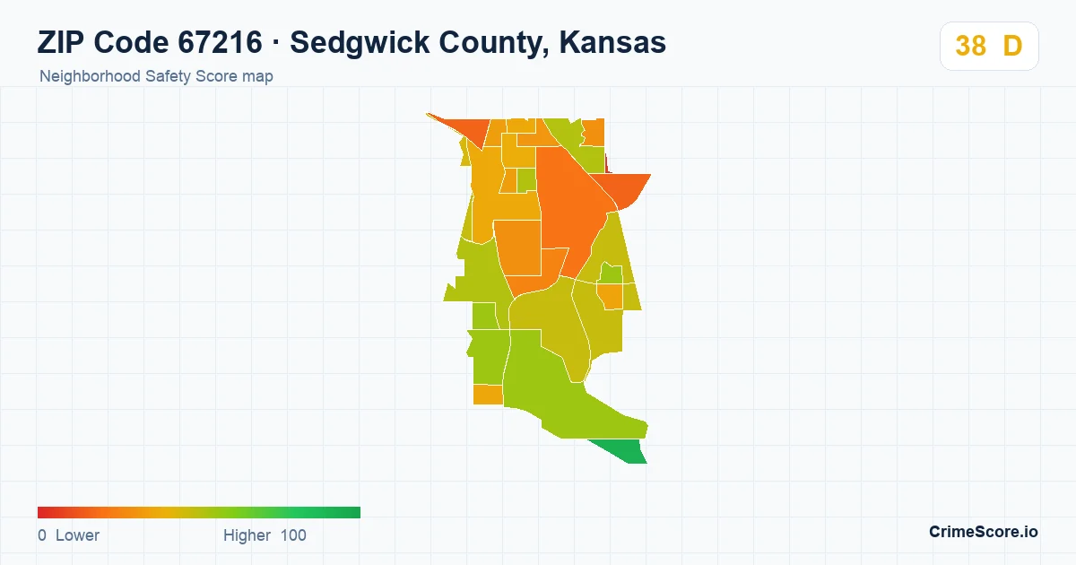 ZIP Code 67216 in Sedgwick County, Kansas neighborhood Safety Score map