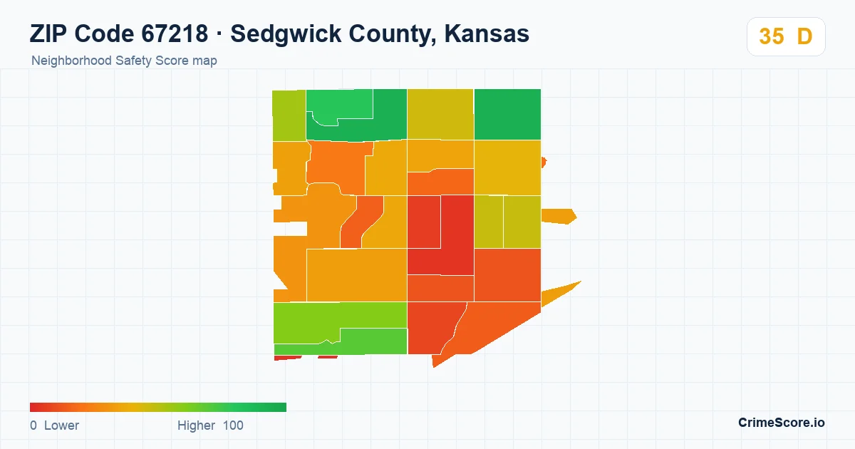 ZIP Code 67218 in Sedgwick County, Kansas neighborhood Safety Score map