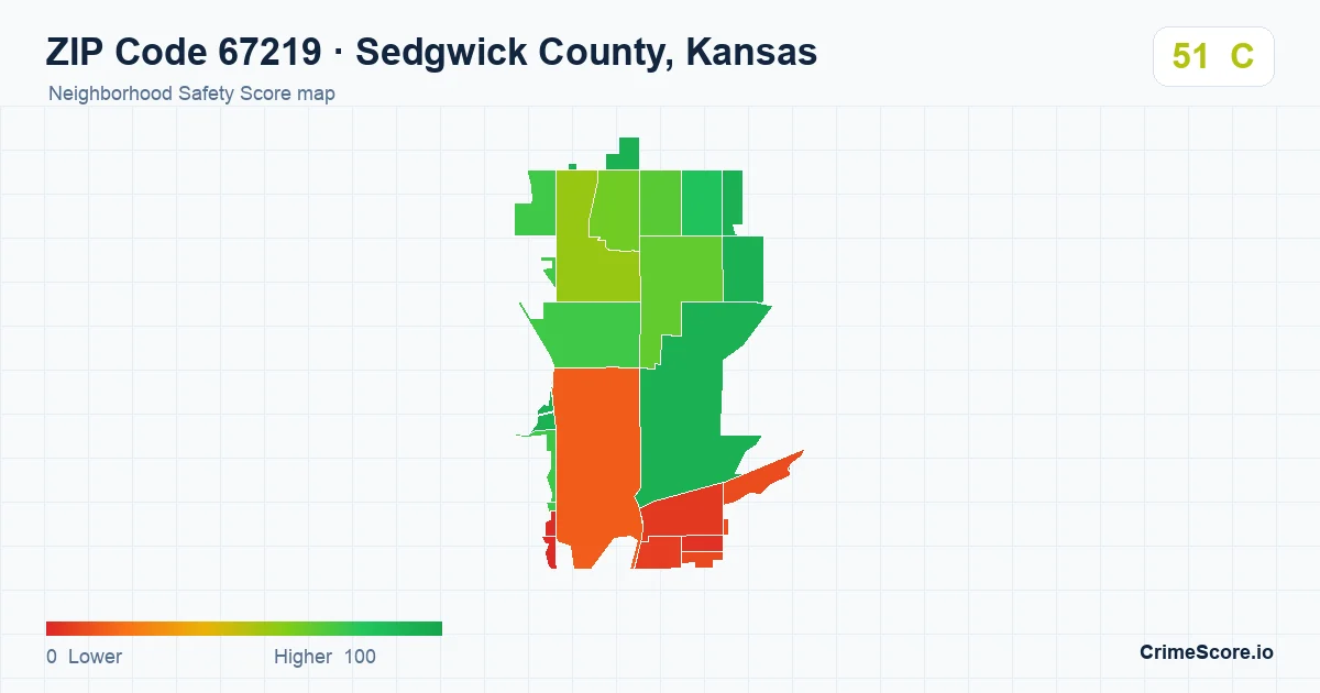 ZIP Code 67219 in Sedgwick County, Kansas neighborhood Safety Score map