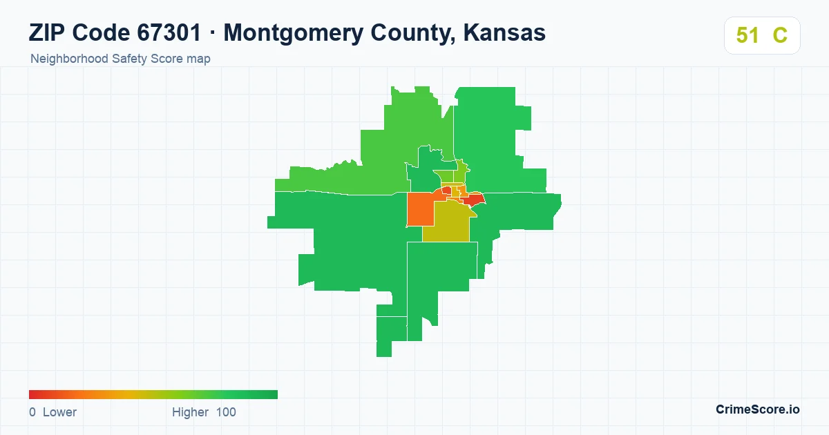 ZIP Code 67301 in Montgomery County, Kansas neighborhood Safety Score map