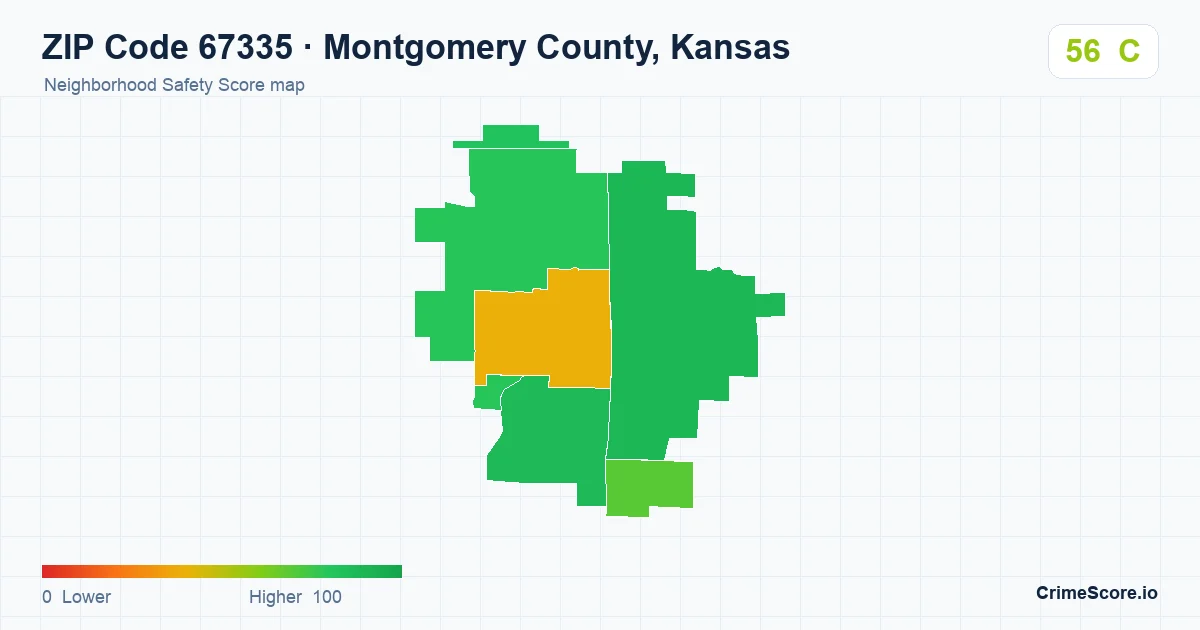 ZIP Code 67335 in Montgomery County, Kansas neighborhood Safety Score map
