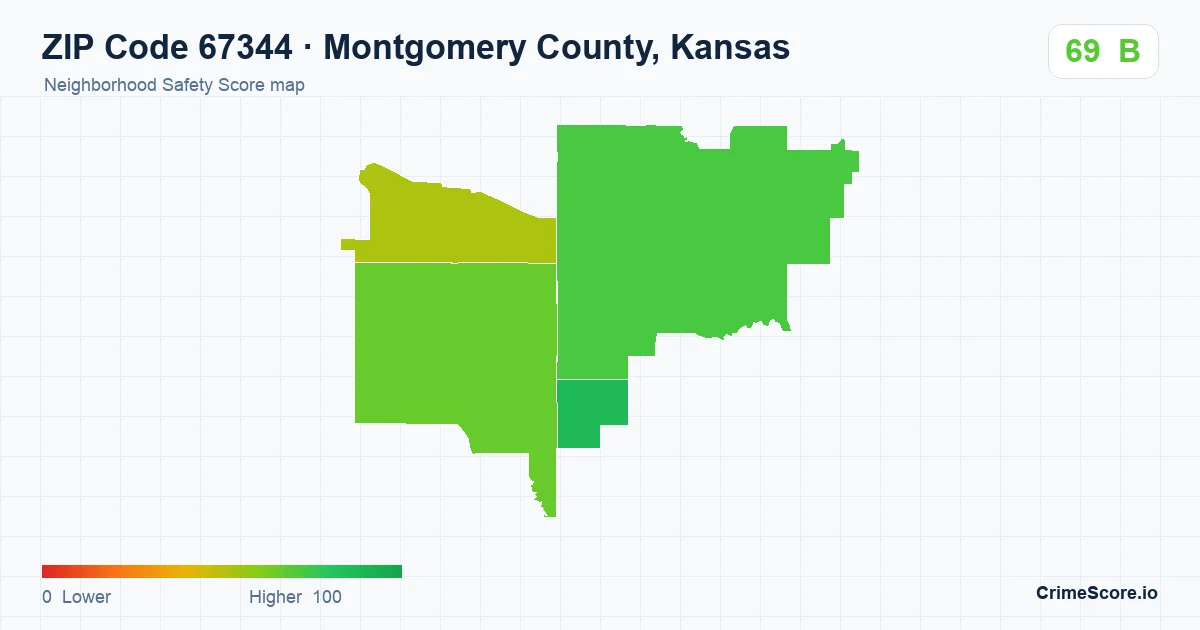 ZIP Code 67344 in Montgomery County, Kansas neighborhood Safety Score map