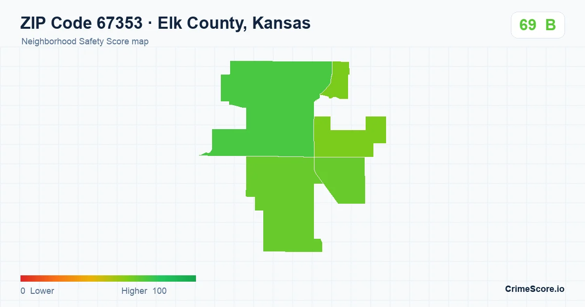 ZIP Code 67353 in Elk County, Kansas neighborhood Safety Score map