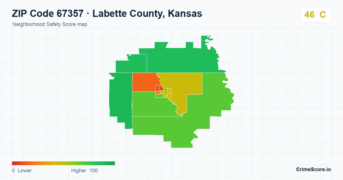 ZIP Code 67357 in Labette County, Kansas neighborhood Safety Score map