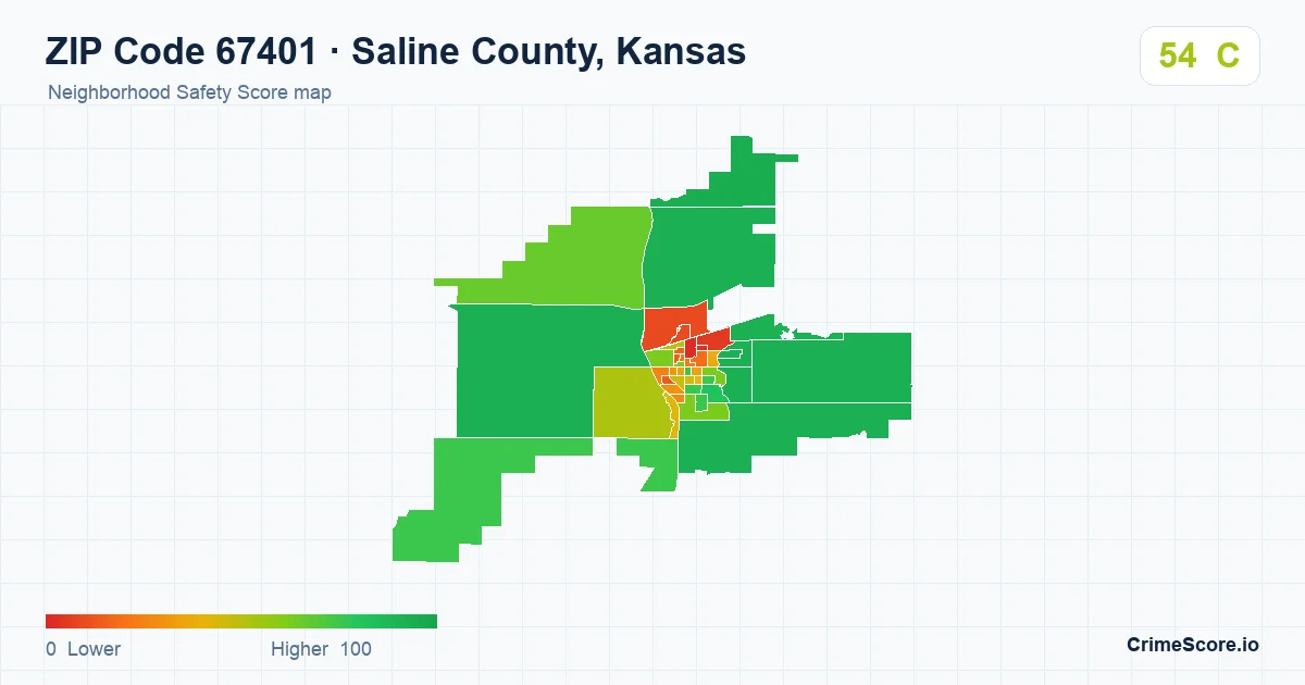 ZIP Code 67401 in Saline County, Kansas neighborhood Safety Score map
