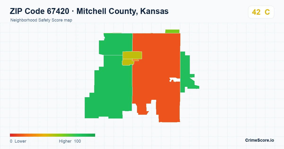 ZIP Code 67420 in Mitchell County, Kansas neighborhood Safety Score map