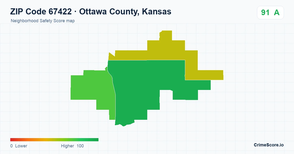 ZIP Code 67422 in Ottawa County, Kansas neighborhood Safety Score map
