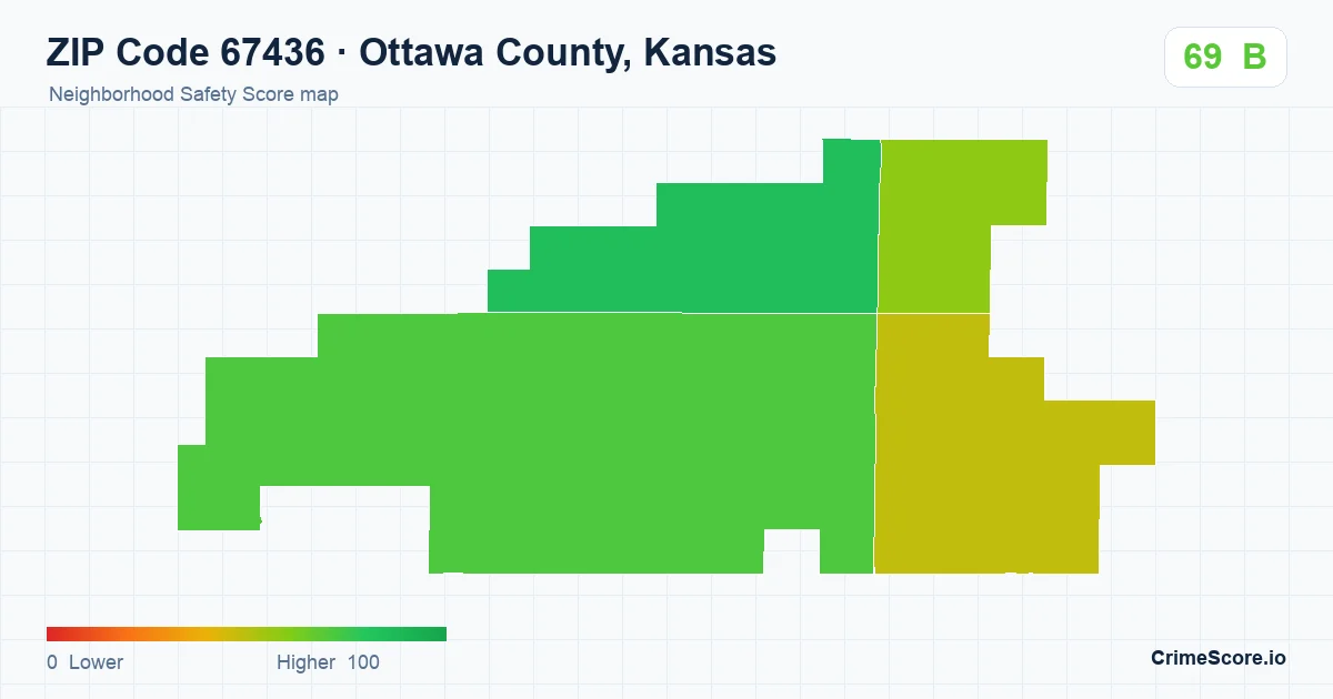 ZIP Code 67436 in Ottawa County, Kansas neighborhood Safety Score map