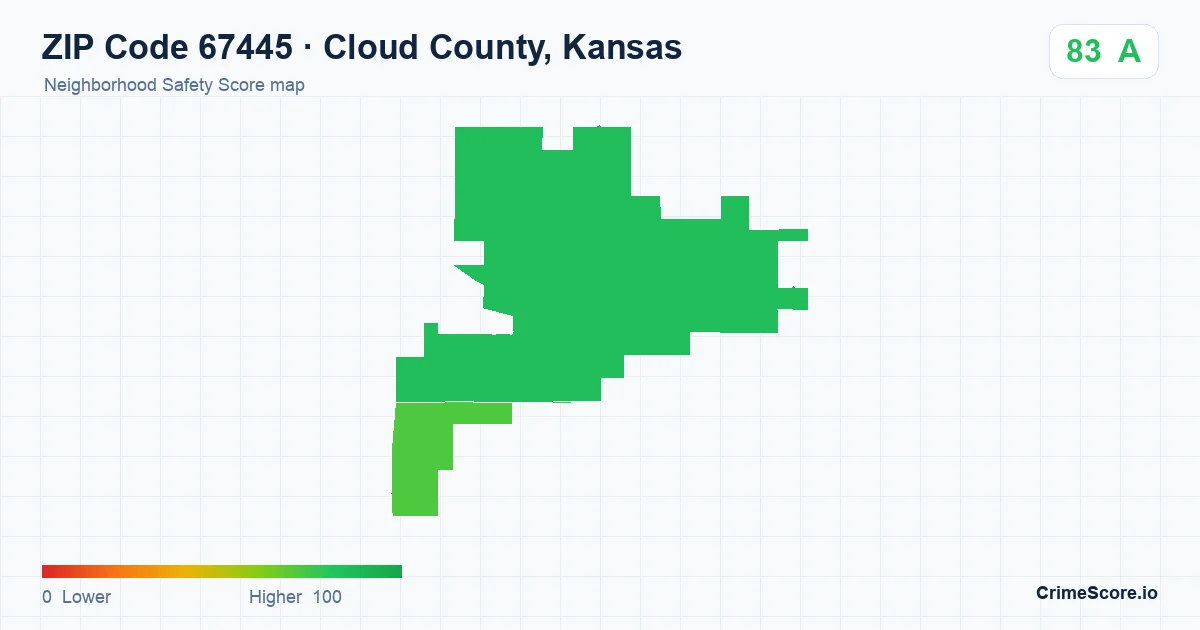 ZIP Code 67445 in Cloud County, Kansas neighborhood Safety Score map