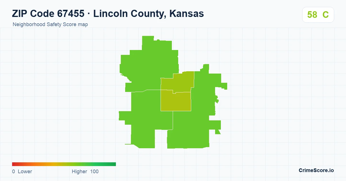 ZIP Code 67455 in Lincoln County, Kansas neighborhood Safety Score map