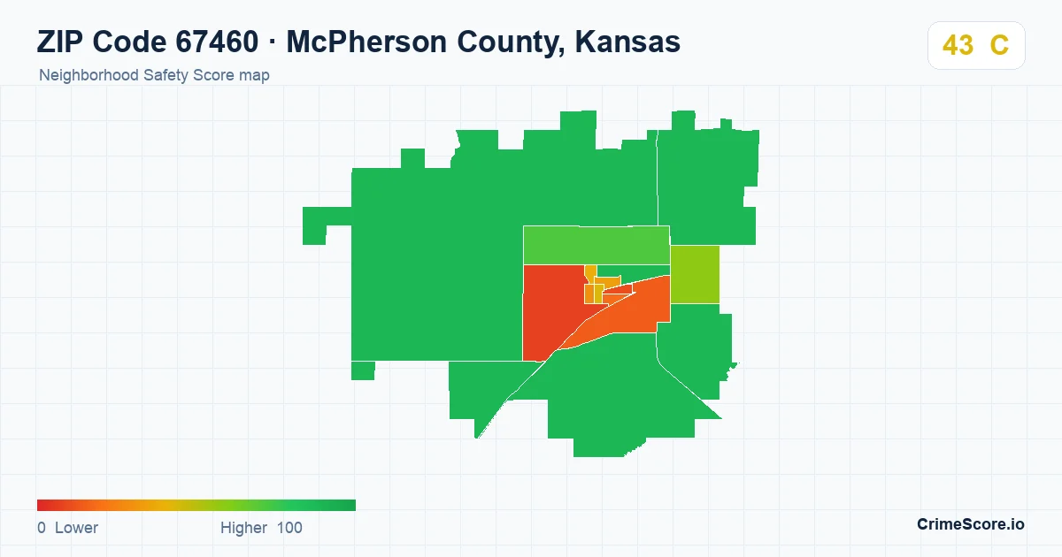 ZIP Code 67460 in McPherson County, Kansas neighborhood Safety Score map