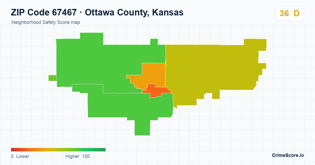 ZIP Code 67467 in Ottawa County, Kansas neighborhood Safety Score map