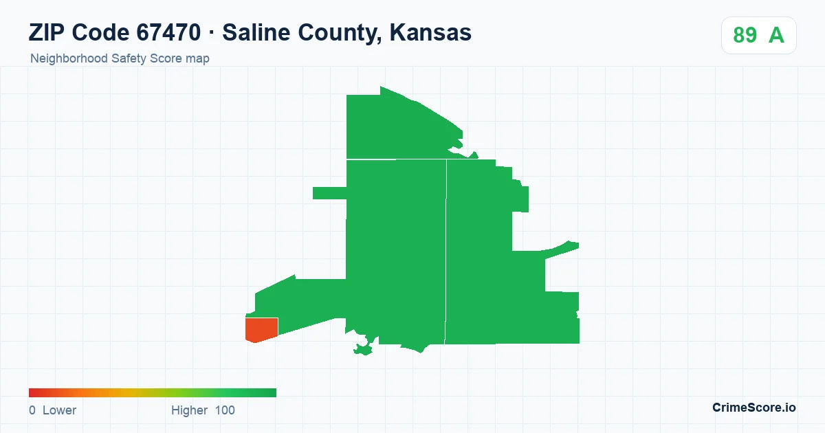 ZIP Code 67470 in Saline County, Kansas neighborhood Safety Score map