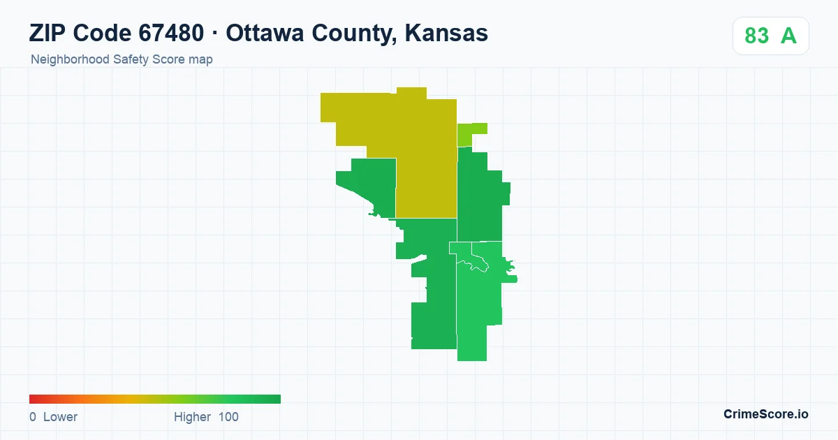 ZIP Code 67480 in Ottawa County, Kansas neighborhood Safety Score map