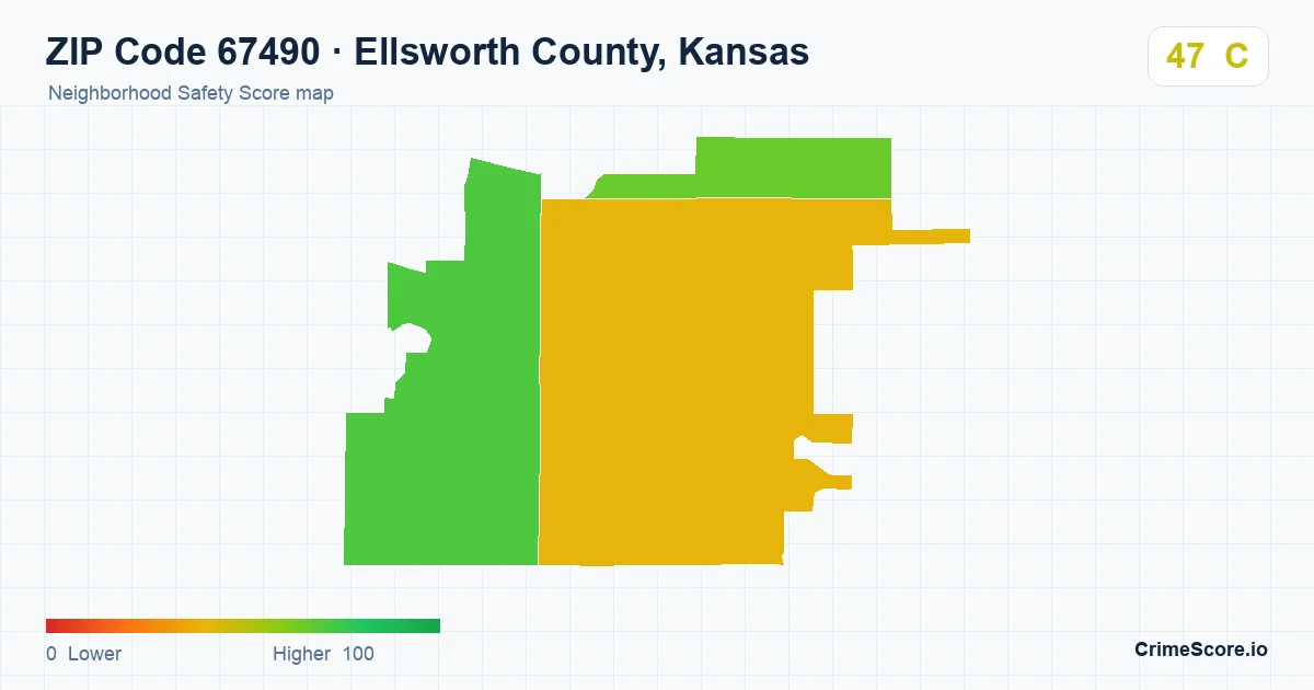 ZIP Code 67490 in Ellsworth County, Kansas neighborhood Safety Score map