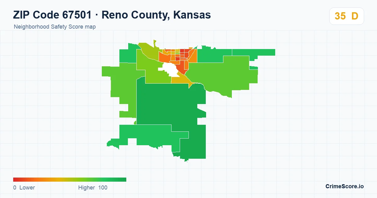 ZIP Code 67501 in Reno County, Kansas neighborhood Safety Score map