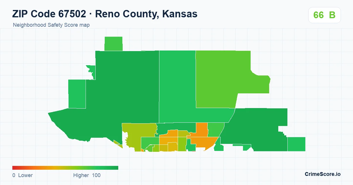 ZIP Code 67502 in Reno County, Kansas neighborhood Safety Score map